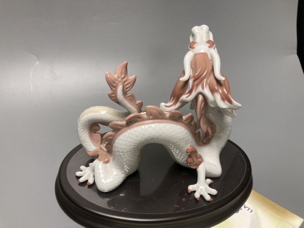 A Lladro porcelain model of a dragon, from the Chinese Zodiac collection, designed by John Coderch, width 16cm, with stand